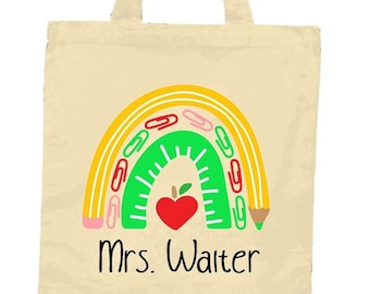 Personalized teacher tote bag, rainbow teacher gift, appreciation gift, canvas book bag, school supply rainbow, custom name