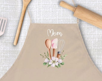 Personalized baking apron, Mom apron, Grandma bib apron with pockets, nana apron, floral baking utensils with name, Mother’s Day gift