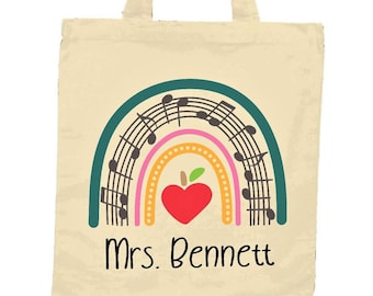 Music teacher bag gift, music rainbow tote, piano student gift, canvas book bag, musical rainbow, custom name, band teacher bag, book bag