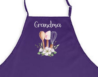 Personalized baking apron, Mom apron, Grandma bib apron with pockets, nana apron, floral baking utensils with name, Mother’s Day gift