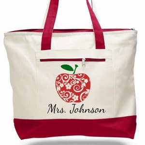 Teacher bags, teacher totes, apple bag, personalized teacher bag, teacher appreciation gift, book bag, student teacher gift, canvas zippered image 1