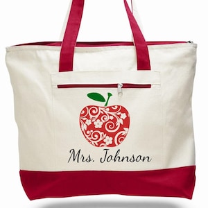 Teacher bags, teacher totes, apple bag, personalized teacher bag, teacher appreciation gift, book bag, student teacher gift, canvas zippered image 1