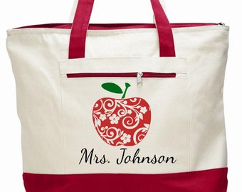 Teacher bags, teacher totes, apple bag, personalized teacher bag, teacher appreciation gift, book bag, student teacher gift, canvas zippered