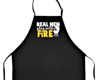 Mens bbq aprons, Real men play with fire, bib apron for him, Father's day gift, birthday gift, barbecue gift, funny dad apron, grandpa gift