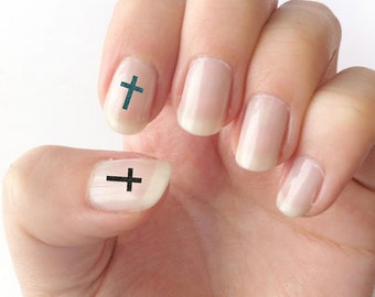 Cross nail decals, glitter nail art, Easter nail designs, religious nails