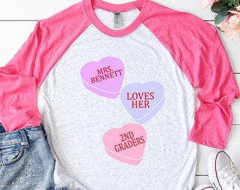 Valentine teacher raglan shirt, Conversation hearts shirt, Teacher personalized shirt, personalized hearts