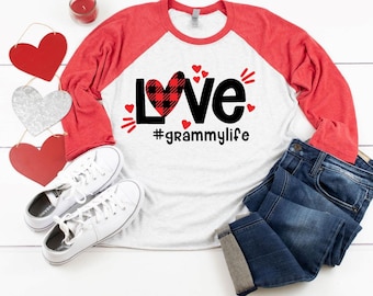 Valentine Grandma personalized shirt, Grandma life, Love heart shirt, hashtag mom life, aunt life, nana life, buffalo plaid raglan sleeve
