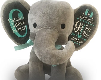 Birth announcement elephant, baby stats plush animal, personalized first baby gift, baby shower gift, custom newborn gift, keepsake