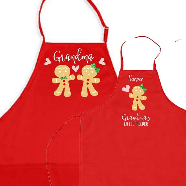 Grandma Christmas apron, Child matching apron, baking apron set, gingerbread, grandchild apron, nana apron, grandmother gift, personalized