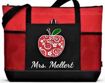 Teacher tote, personalized teacher bag, zippered book bag, teacher appreciation gift, apple design, student teacher gift