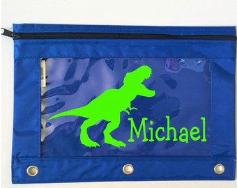 Dinosaur pencil pouch for binder, personalized school supply bag