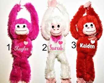 Personalized Valentine stuffed monkey, valentine gift for kids, any name