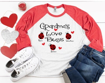 Grandma's love bugs personalized shirt, Valentine raglan sleeve, ladybug nana gift tee