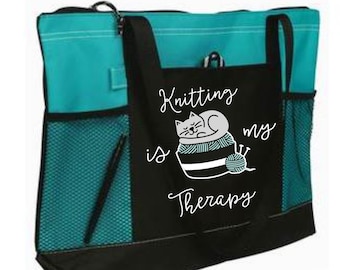 Knitting project tote bag with zipper, Knitting is my therapy bag, cat and yarn supply bag, string bag, cat lover bag, Mother's day gift