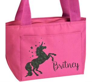 Personalized girls lunch bag, Unicorn lunch box, mermaid lunch bag, zippered insulated cooler, monogram lunch bag, food bag