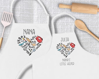 Personalized apron for mom and daughter, Grandma and grandchild matching apron, nana apron, baking heart apron set, Mother’s Day gift, kids