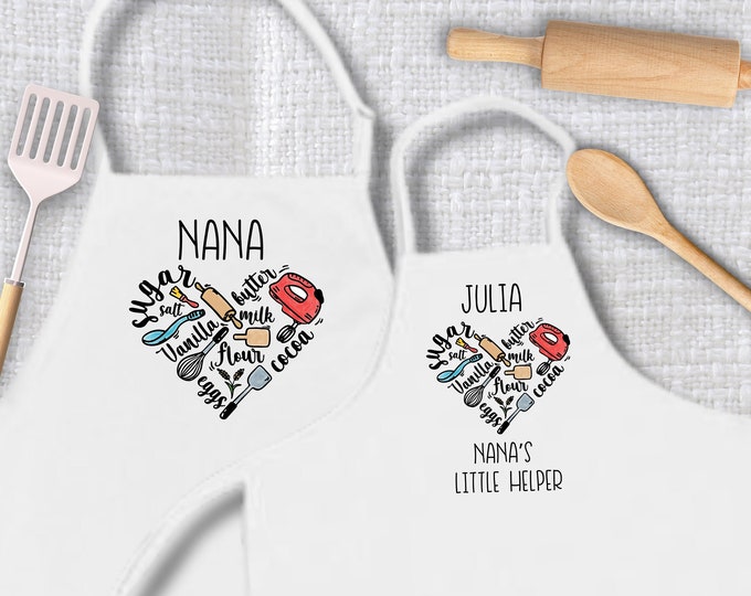 Featured listing image: Personalized apron for mom and daughter, Grandma and grandchild matching apron, nana apron, baking heart apron set, Mother’s Day gift, kids