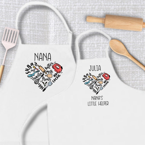 Personalized apron for mom and daughter, Grandma and grandchild matching apron, nana apron, baking heart apron set, Mother’s Day gift, kids