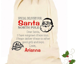 Old Toys for Santa Christmas donation bag, Personalized Give back sack