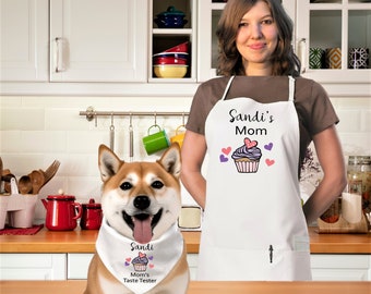 Dog mom apron with matching dog bandana, Personalized Dog owner gift, dog sous chef, Pet lover cupcake apron, dog cupcake scarf, dog helper
