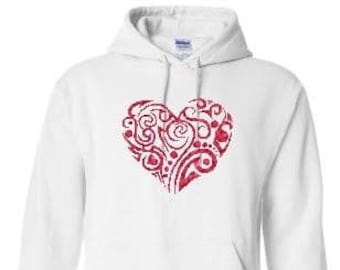 Valentine hoodie, Glitter heart hoodie,Valentine heart hoodie, Heart sweatshirt,Red glitter heart hoodie,Women's white hoodie gift