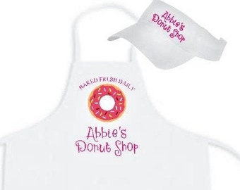 Kids personalized donut shop apron, pretend bake shop apron and visor, child's baker set, pretend baking, play doughnut baker, pastry store