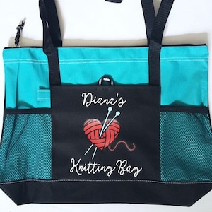 Personalized knitting or crochet  project tote bag with zipper, needlepoint supply bag, yarn tote, string bag