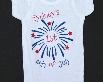 First 4th of July shirt, glitter fireworks tee, patriotic baby shirt, independence day shirt, personalized one piece, baby body suit