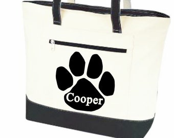 Dog tote, dog tote bags, Pet tote, personalized dog bag, pet name bag, paw print tote, pet supply bag, dog travel bag, canvas zippered bag,