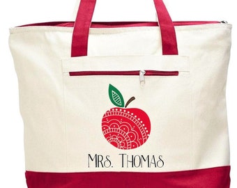 Personalized teacher bag, teacher boho tote, apple mandala bag, teacher appreciation gift,  student teacher gift, canvas zipper with pocket