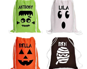 Halloween drawstring trick or treat bag, personalized Frankenstein bag, Mummy candy bag, Jack O Lantern cinch bag, Ghost cotton reusable bag