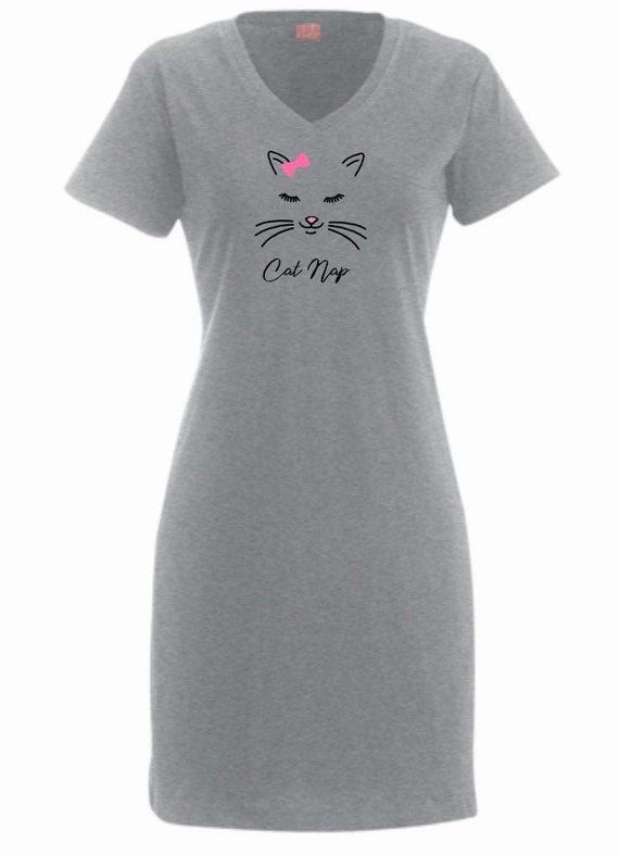 Cat Night Shirt, Cat Nap Nightgown, Cat Lovers Cover Up. Gift for