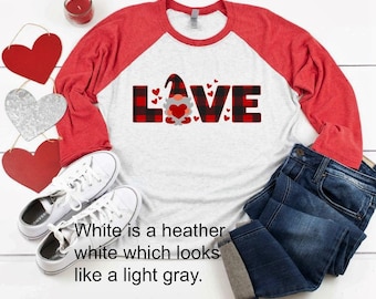 Valentine Love Gnomes shirt, Valentine buffalo plaid raglan sleeve, Shirt for couple, Gift for her, cute hearts tee