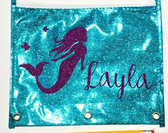 Personalized pencil pouch with glitter unicorn or mermaid, glitter pencil bag for binder