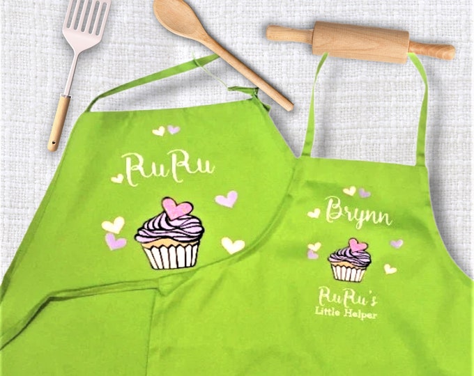 Featured listing image: Mommy and me matching aprons, personalized apron, Grandma and grandchild, nana apron, cupcake apron set, baking apron,  Mother’s Day gift