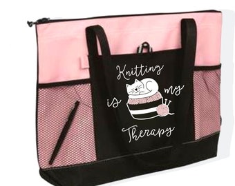 Knitting is my therapy bag, Knitting project tote bag with zipper, cat and yarn supply bag, string bag, cat lover bag, Mother's day gift