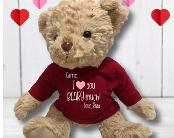 Valentine teddy bear stuffed animal, bear with personalized t shirt, teacher gift, gift for kids, girlfriend gift, wife, boyfriend, husband