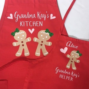 Grandma Christmas apron, Child matching apron, baking apron set, gingerbread, grandchild apron, nana apron, grandmother gift, personalized image 6