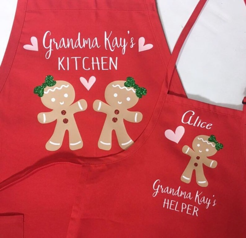 Grandma Christmas apron, Child matching apron, baking apron set, gingerbread, grandchild apron, nana apron, grandmother gift, personalized image 6