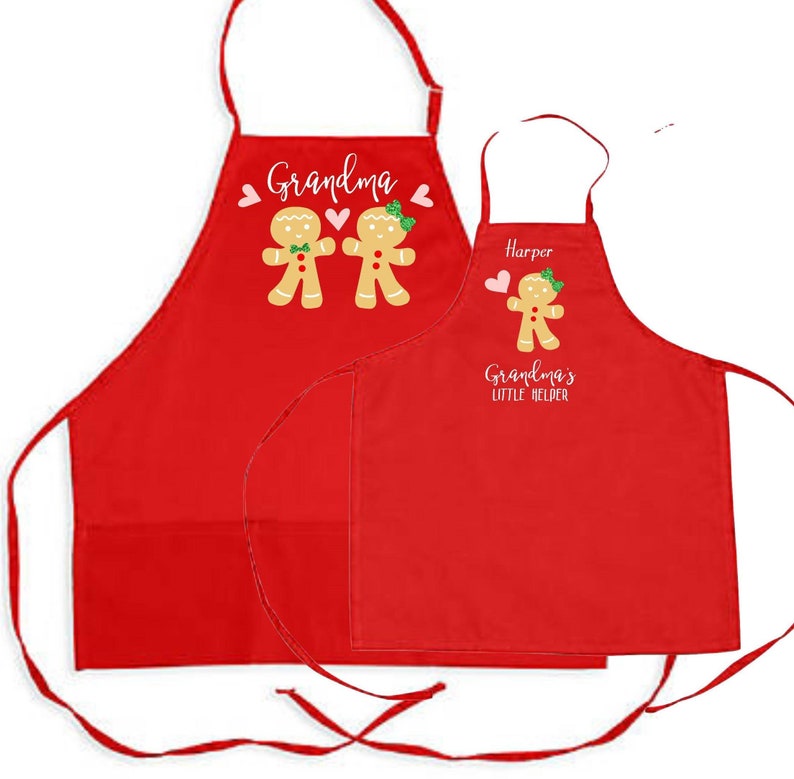 Grandma Christmas apron, Child matching apron, baking apron set, gingerbread, grandchild apron, nana apron, grandmother gift, personalized afbeelding 1