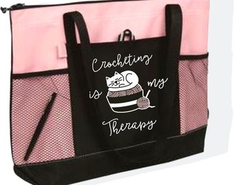 Crocheting is my therapy bag, Crochet project tote bag with zipper, cat and yarn supply bag, string bag, cat lover bag, Mother's day gift