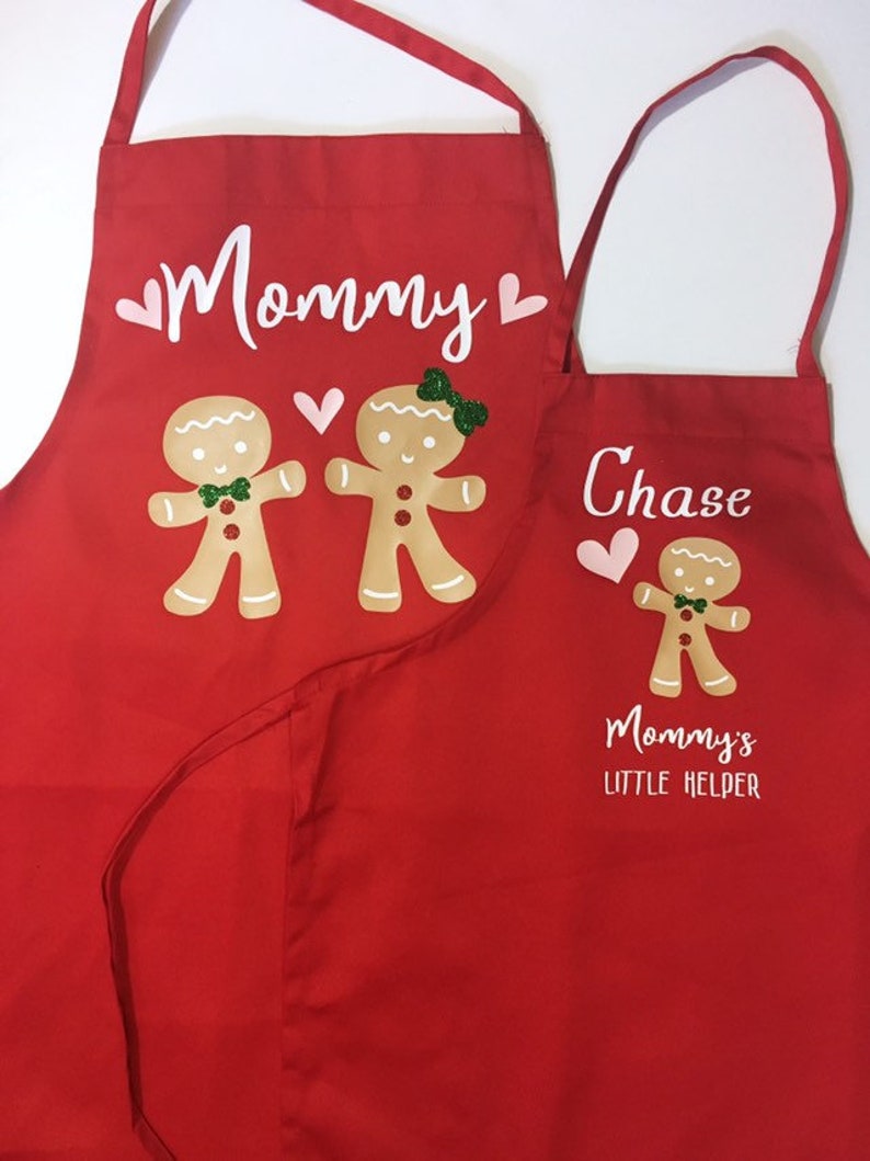 Grandma Christmas apron, Child matching apron, baking apron set, gingerbread, grandchild apron, nana apron, grandmother gift, personalized image 9