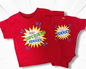 Big brother superhero shirt, little brother sidekick one piece, matching brother tees, little sister body suit, big brother announcement