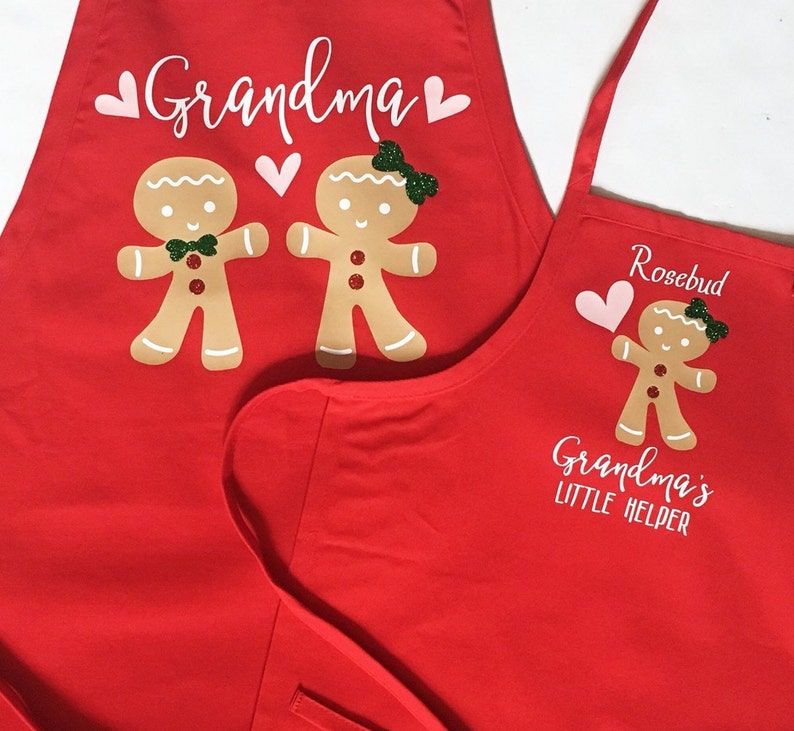 Grandma Christmas apron, Child matching apron, baking apron set, gingerbread, grandchild apron, nana apron, grandmother gift, personalized afbeelding 2