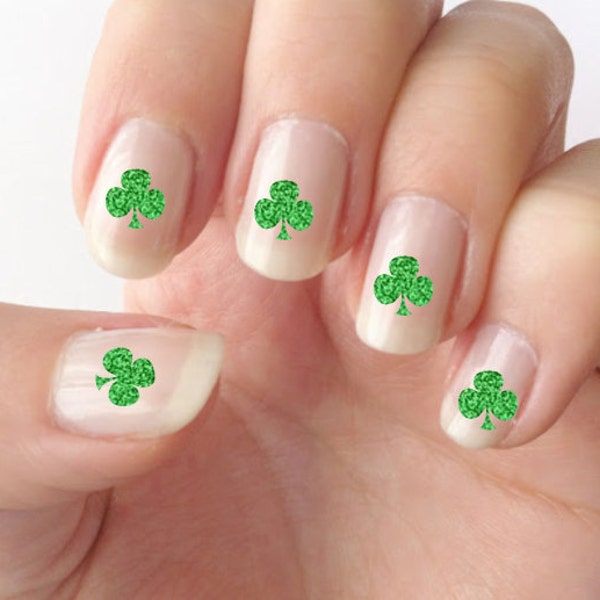 Nail decals, St. Patrick's day nails, shamrock nail decals, nail art, Irish nail decor, Fingernail stickers, glitter shamrock nail decals