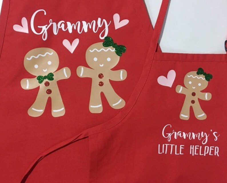 Grandma Christmas apron, Child matching apron, baking apron set, gingerbread, grandchild apron, nana apron, grandmother gift, personalized image 5