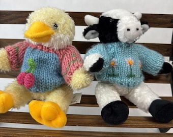 Vintage 1997 Chrisha Plush Duck and Cow with Knit Sweaters Set (6in)