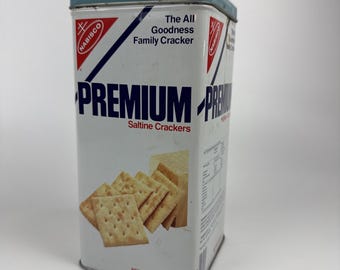 Vintage 1978 Nabisco Premium Saltine Crackers 15oz Tin Canister Blue Lid