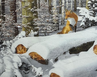Conrad Mieschke Winterzauber gerahmter Fuchs Kunstdruck 1985 verschneiter Wald 11x9