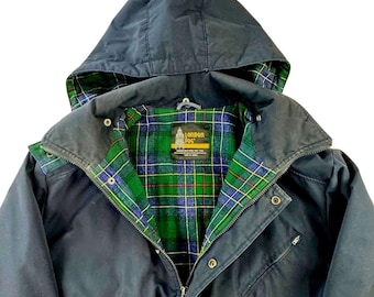 Vintage London Fog Navy Blue Plaid Lined Hooded Parka Jacket Mens 46 Reg